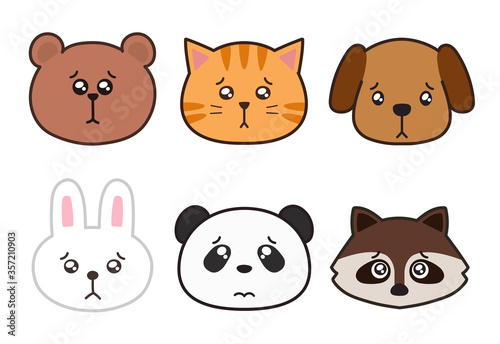 Vector illustration of sorrowfully animal faces. Isolated on white background.