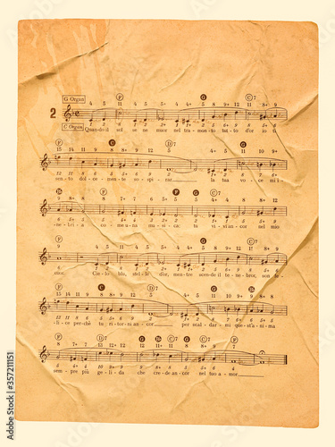Music sheet background, old vintage paper texture, retro musical staff page, broken edges