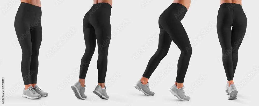 Mockup of black leggings on a slim girl, women’s sportswear, isolated on background. - obrazy, fototapety, plakaty 