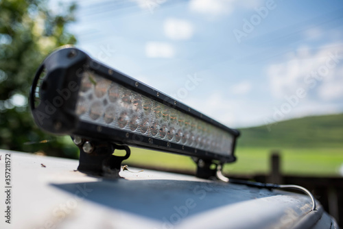 Photography Steamed led bar on off road vehicle close up shot, shallow depth of field, copy space