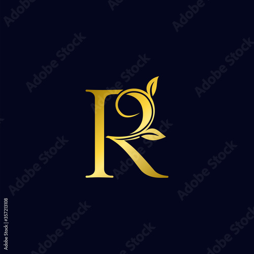 Luxury R Initial Letter Logo gold color, vector design concept ornate swirl floral leaf ornament with initial letter alphabet for luxury style