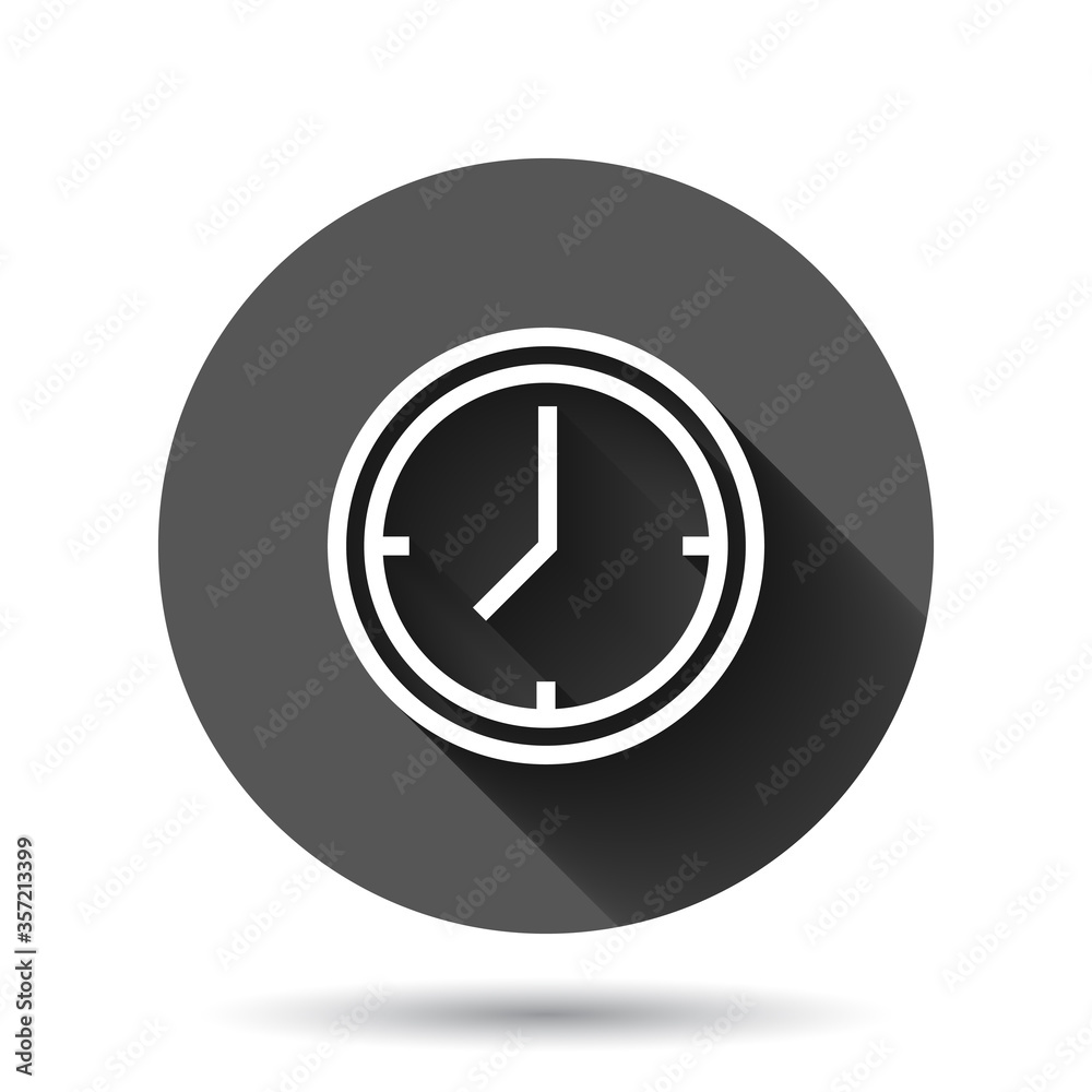 Clock icon in flat style. Watch vector illustration on black round background with long shadow effect. Timer circle button business concept. Clock icon in flat style. Watch vector illustration on black round background with long shadow effect. Timer circle button business concept.