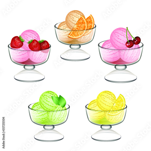Vector illustration ice cream in a glass dish delicious dessert set of different types
