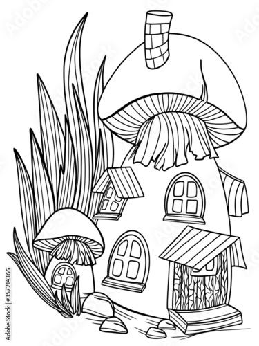 fungi houses in the grass coloring book outline graphics fantasy magical vector illustration isolate on a white background postcard for children antistress
