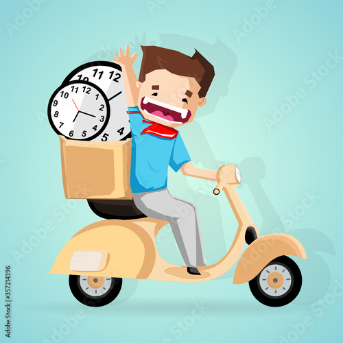 Cheerful boy put hands up and smile when ride motorcycle delivery clock in rush hour