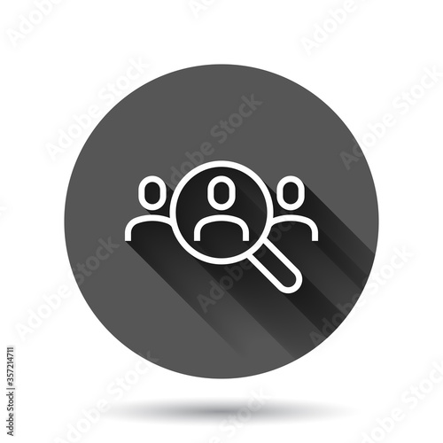 Search job vacancy icon in flat style. Loupe career vector illustration on black round background with long shadow effect. Find people employer circle button business concept.