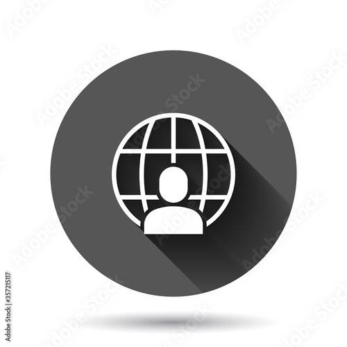 People global icon in flat style. World communication vector illustration on black round background with long shadow effect. Cooperation circle button business concept.