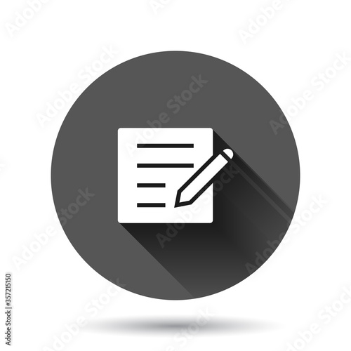 Blogging icon in flat style. Document with pen vector illustration on black round background with long shadow effect. Content circle button business concept.