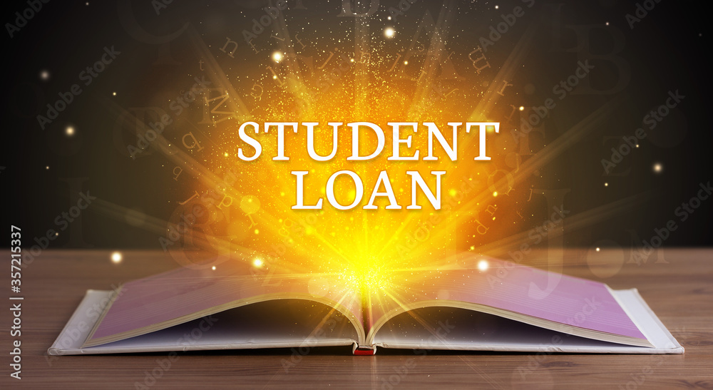 STUDENT LOAN inscription coming out from an open book, educational concept