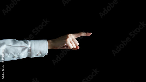 Woman touching Visual screen with her finger.