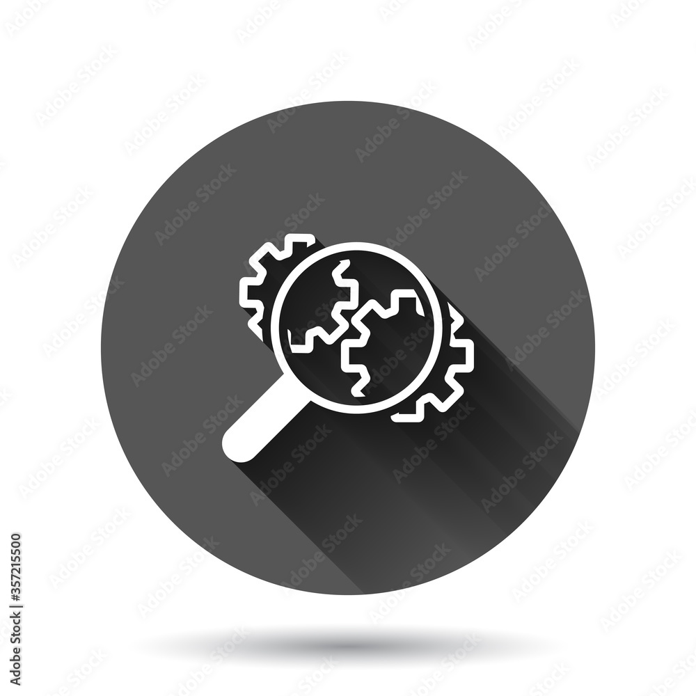 Loupe with gear icon in flat style. Magnifying glass vector illustration on black round background with long shadow effect. Seo exploration circle button business concept. Loupe with gear icon in flat style. Magnifying glass vector illustration on black round background with long shadow effect. Seo exploration circle button business concept.