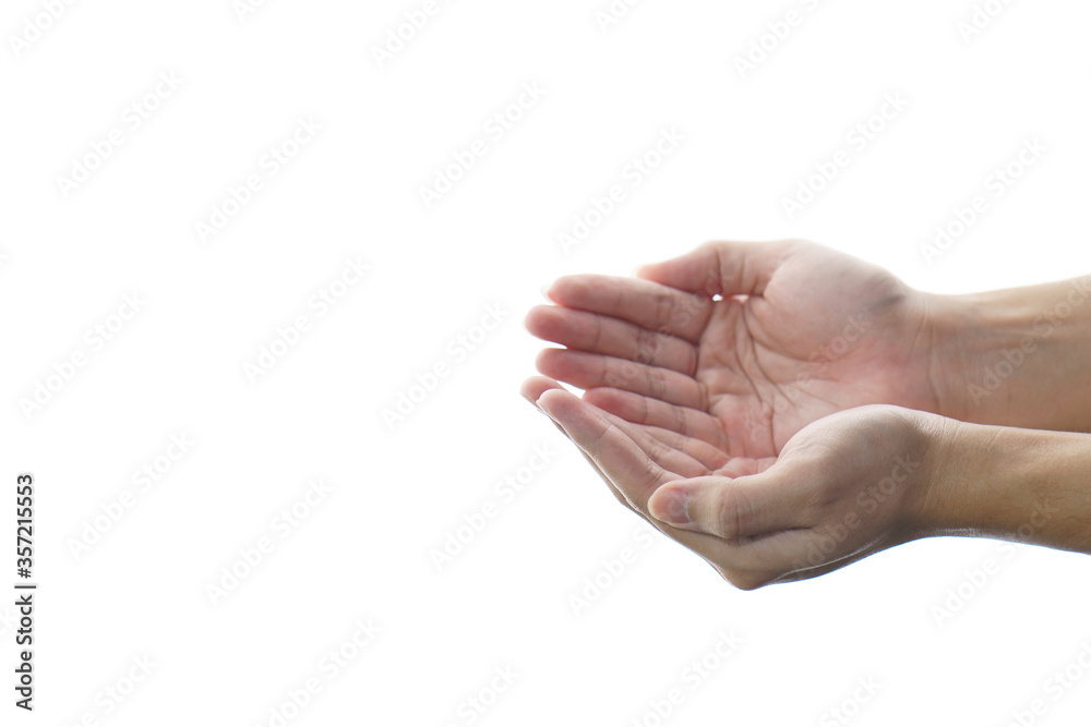 Man hand pleading or open the palm of the hand on white isolated background.