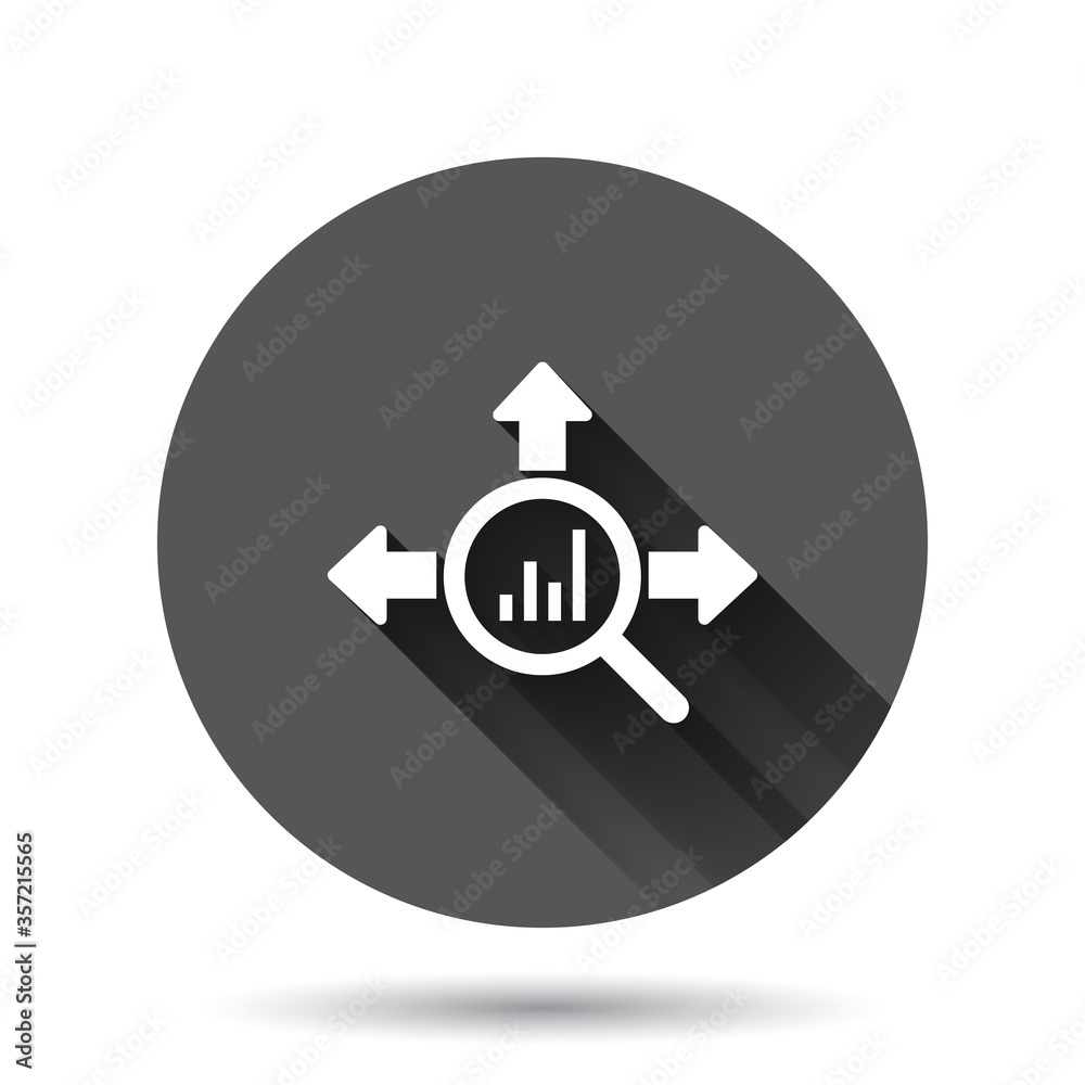 Market trend icon in flat style. Growth arrow with magnifier vector illustration on black round background with long shadow effect. Increase circle button business concept. Market trend icon in flat style. Growth arrow with magnifier vector illustration on black round background with long shadow effect. Increase circle button business concept.