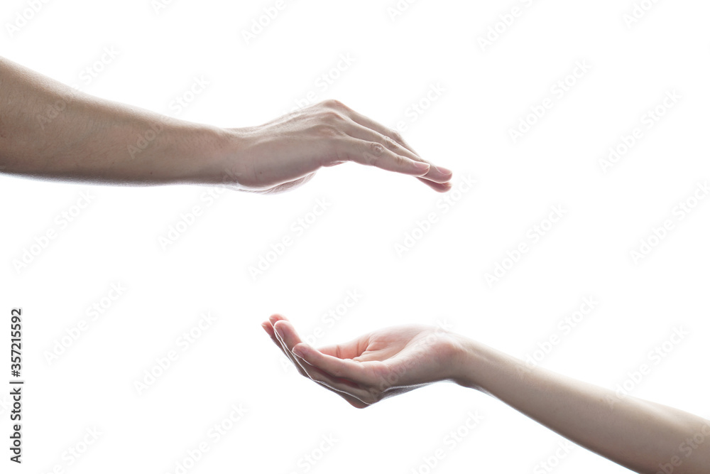 Couple open cupped hands with empty between on white isolated background.