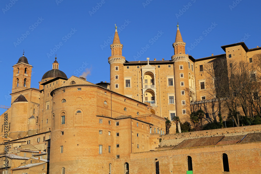 URBINO,  ITALY - JANUARY 3, 2019. Palazzo Ducale (Ducal Palace), now a museum, in Urbino. Marche region, Italy
