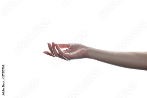 Beautiful woman's hand isolated on white background. Palm up, open the palm of the hand.