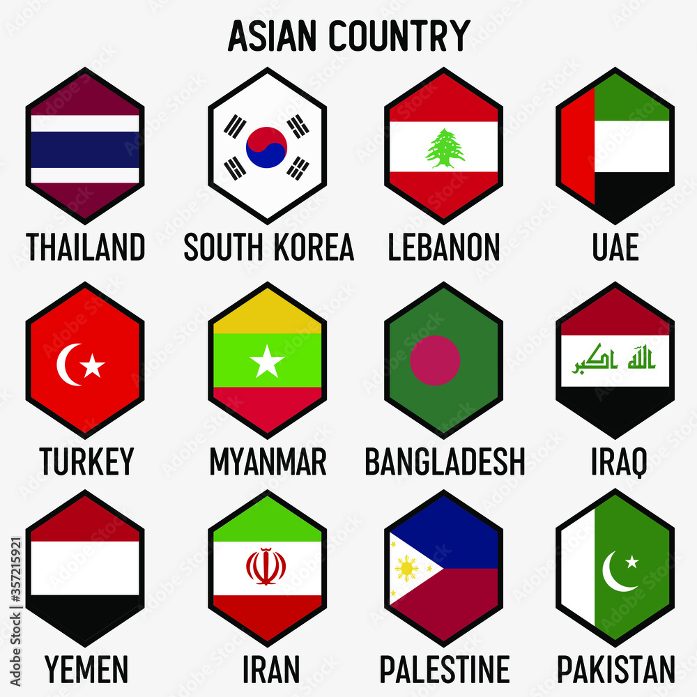 Vector illustration all flags of Asia. All countries of Asia, unique hexagon shape flags Vector illustration all flags of Asia. All countries of Asia, unique hexagon shape flags
