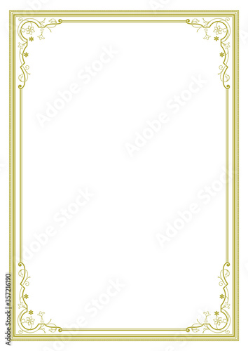 Decorative golden rectangular frame. Ornate corners, golden color. A4, A3 sizes.