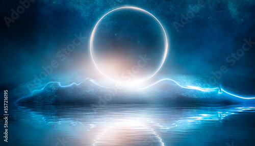 Futuristic night landscape with abstract landscape and island, moonlight, shine. Dark natural scene with reflection of light in the water, neon blue light. Dark neon background. © MiaStendal