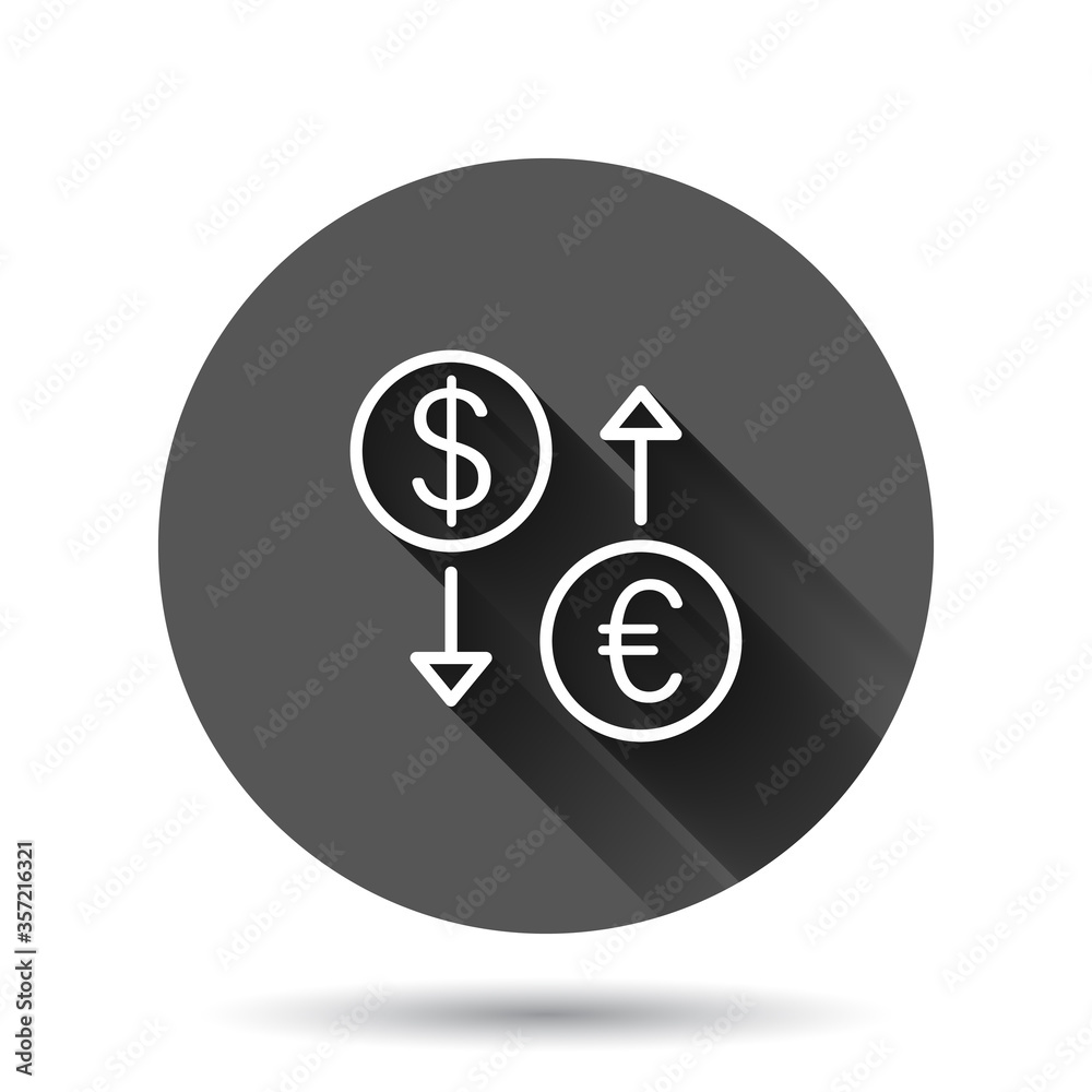 Currency exchange icon in flat style. Dollar euro transfer vector illustration on black round background with long shadow effect. Financial process circle button business concept. Currency exchange icon in flat style. Dollar euro transfer vector illustration on black round background with long shadow effect. Financial process circle button business concept.
