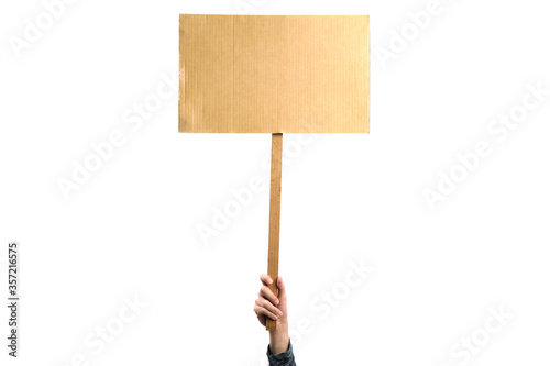 Woman holding a blank placard mock up on wood stick to put the text at protesting, isolated on white background.