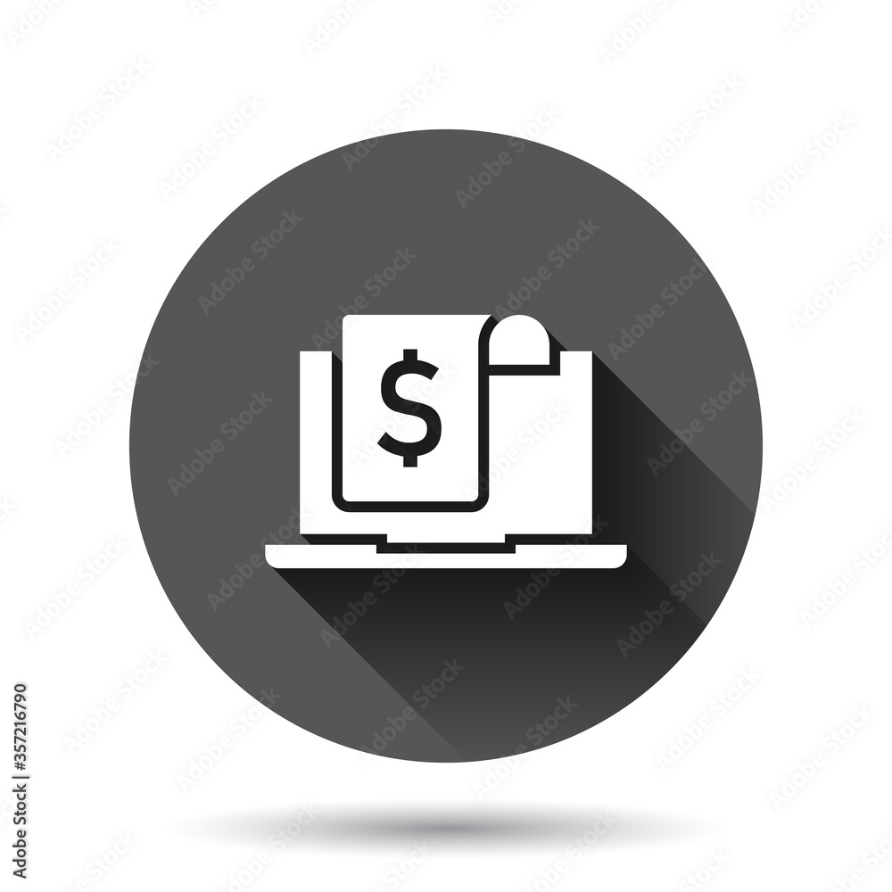 Obraz premium Laptop with money icon in flat style. Computer dollar vector illustration on black round background with long shadow effect. Finance monitoring circle button business concept.