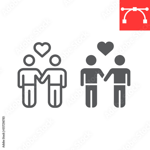 Gay couple line and glyph icon, lgbt and heart, homosexual couple sign vector graphics, editable stroke linear icon, eps 10.
