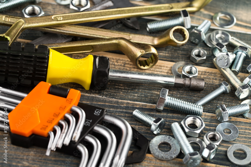 Fototapeta premium A different tool for working in composition on an old background.