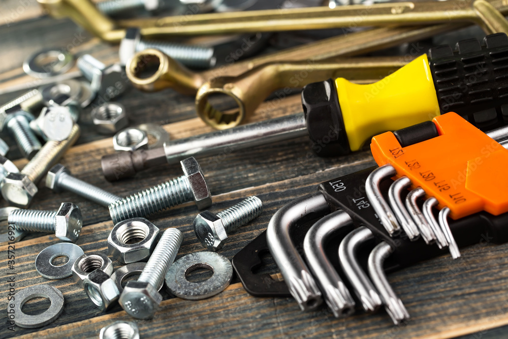 Fototapeta premium A different tool for working in composition on an old background.