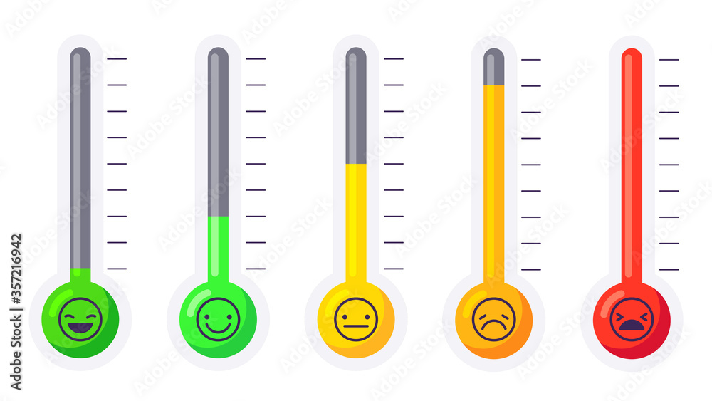 Stress or pain level thermometer. Face with emotions and feelings with different color. Emotional scale from happy, calm, nervous, stressed and angry for web page, app vector illustration. Stress or pain level thermometer. Face with emotions and feelings with different color. Emotional scale from happy, calm, nervous, stressed and angry for web page, app vector illustration.
