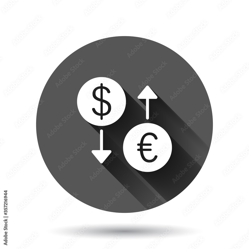 Currency exchange icon in flat style. Dollar euro transfer vector illustration on black round background with long shadow effect. Financial process circle button business concept. Currency exchange icon in flat style. Dollar euro transfer vector illustration on black round background with long shadow effect. Financial process circle button business concept.