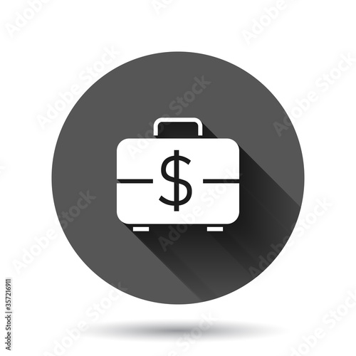 Money briefcase icon in flat style. Cash box vector illustration on black round background with long shadow effect. Finance circle button business concept.