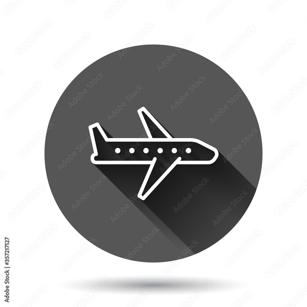 Plane icon in flat style. Airplane vector illustration on black round background with long shadow effect. Flight airliner circle button business concept. Plane icon in flat style. Airplane vector illustration on black round background with long shadow effect. Flight airliner circle button business concept.