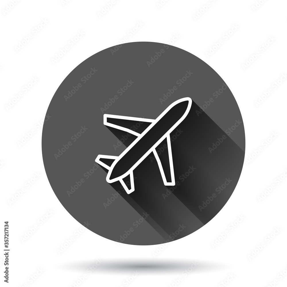 Plane icon in flat style. Airplane vector illustration on black round background with long shadow effect. Flight airliner circle button business concept. Plane icon in flat style. Airplane vector illustration on black round background with long shadow effect. Flight airliner circle button business concept.