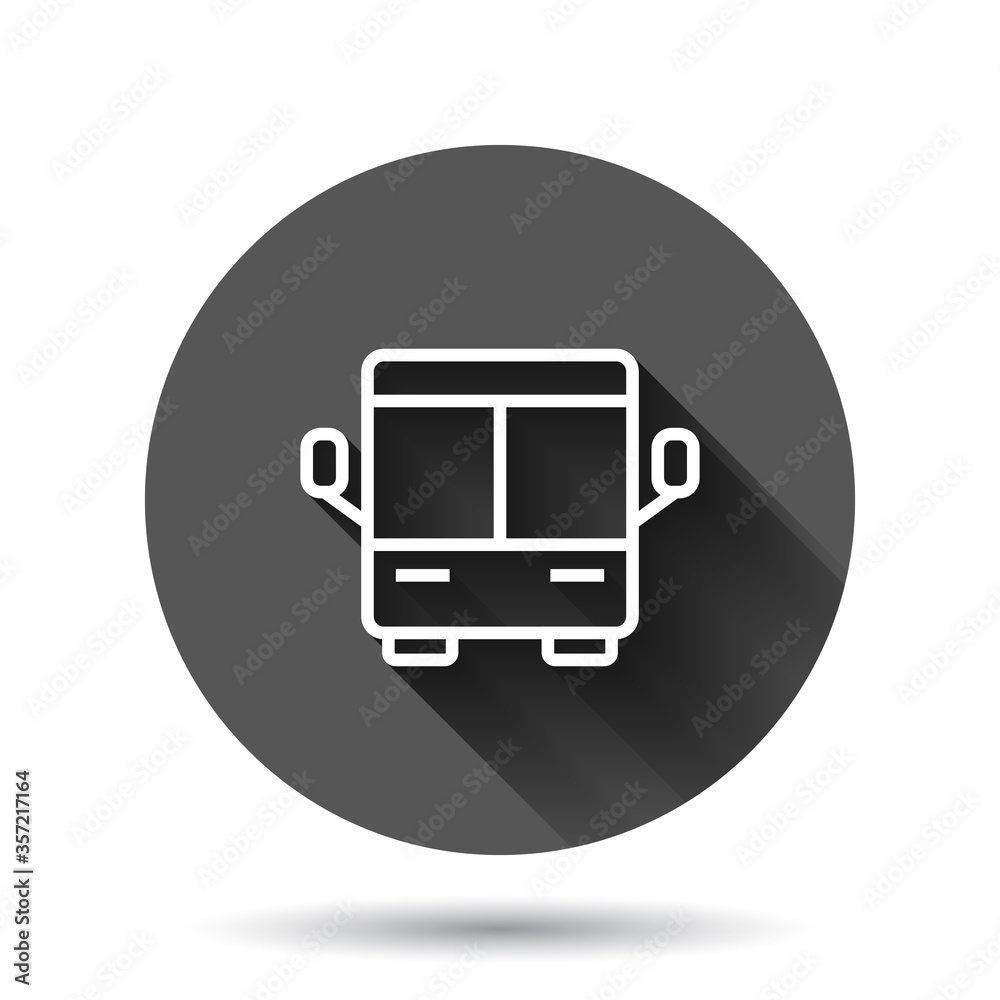 Bus icon in flat style. Coach vector illustration on black round background with long shadow effect. Autobus vehicle circle button business concept. Bus icon in flat style. Coach vector illustration on black round background with long shadow effect. Autobus vehicle circle button business concept.