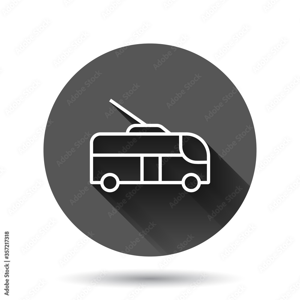 Trolleybus icon in flat style. Trolley bus vector illustration on black round background with long shadow effect. Autobus vehicle circle button business concept. Trolleybus icon in flat style. Trolley bus vector illustration on black round background with long shadow effect. Autobus vehicle circle button business concept.