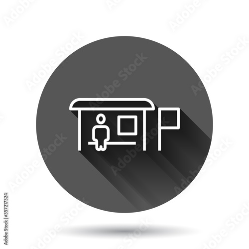 Bus station icon in flat style. Auto stop vector illustration on black round background with long shadow effect. Autobus vehicle circle button business concept.