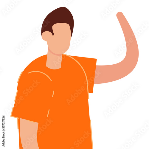 Cartoon character illustration of young man waving. Flat design isolated on white background. Can be used for websites, web design, mobile app