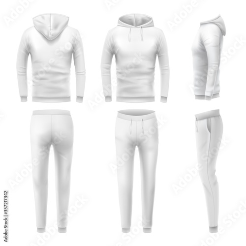 Realistic hoodies and pants mockup. Man sportswear, white hoodie and sweat pant. Male trousers and sweatshirt template. Fashion clothes or tracksuit for active sport training vector illustration set.