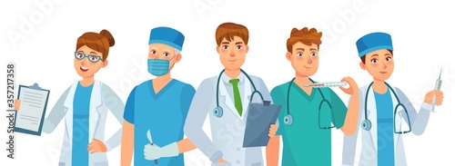 Doctors group. Young medical workers, hospital team and clinic doctor. Health care teamwork. Medicine professionals, staff people in uniform with equipment cartoon vector illustration.