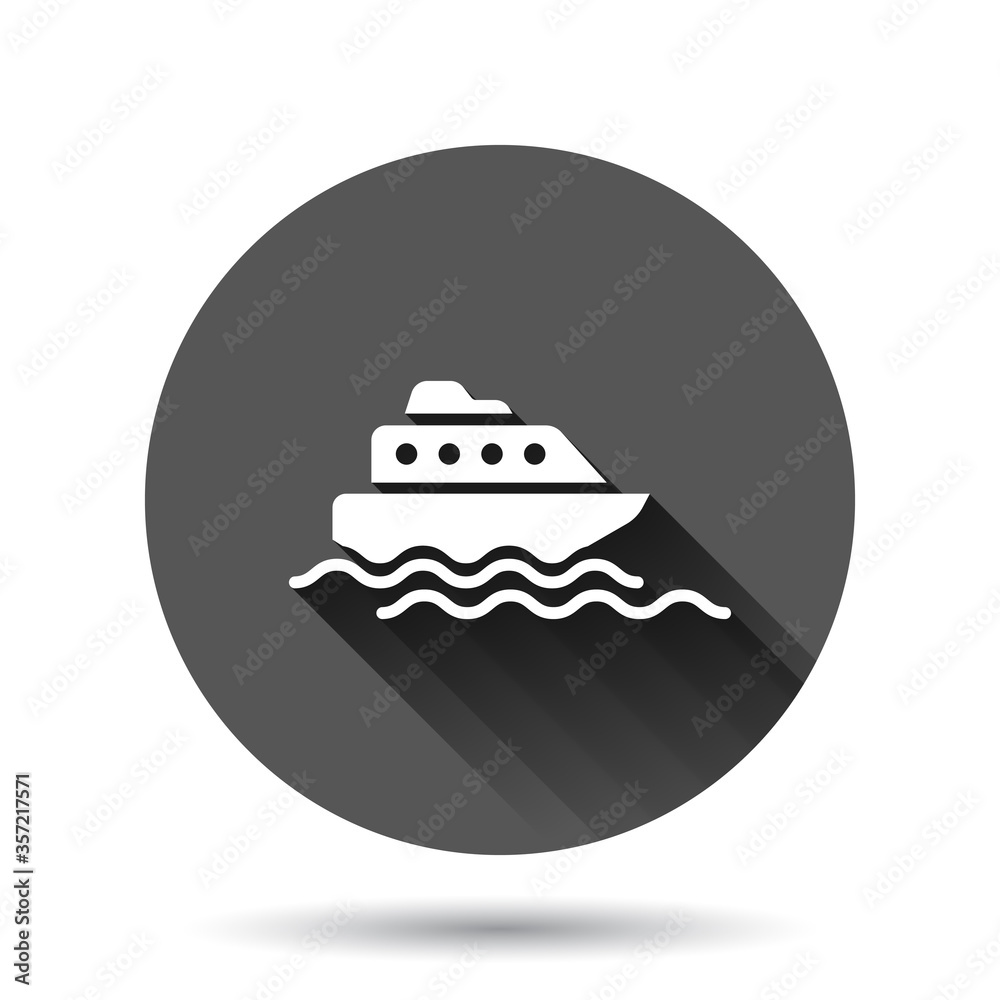 Tourism ship icon in flat style. Fishing boat vector illustration on black round background with long shadow effect. Tanker destination circle button business concept. Tourism ship icon in flat style. Fishing boat vector illustration on black round background with long shadow effect. Tanker destination circle button business concept.