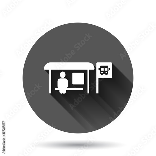 Bus station icon in flat style. Auto stop vector illustration on black round background with long shadow effect. Autobus vehicle circle button business concept.