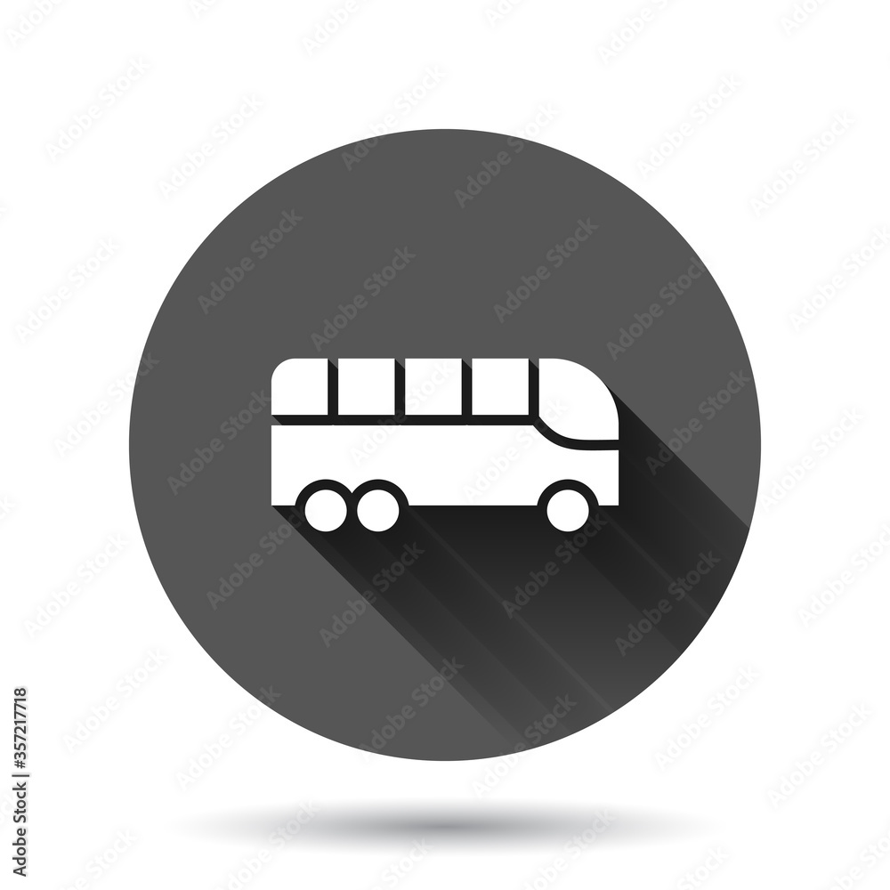 Bus icon in flat style. Coach vector illustration on black round background with long shadow effect. Autobus vehicle circle button business concept. Bus icon in flat style. Coach vector illustration on black round background with long shadow effect. Autobus vehicle circle button business concept.