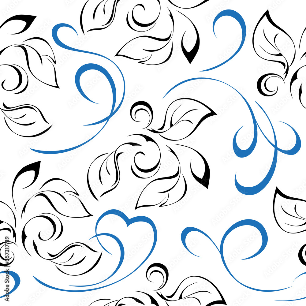 Fototapeta premium seamless pattern 52. seamless pattern with leaves and blue swirls on a white background