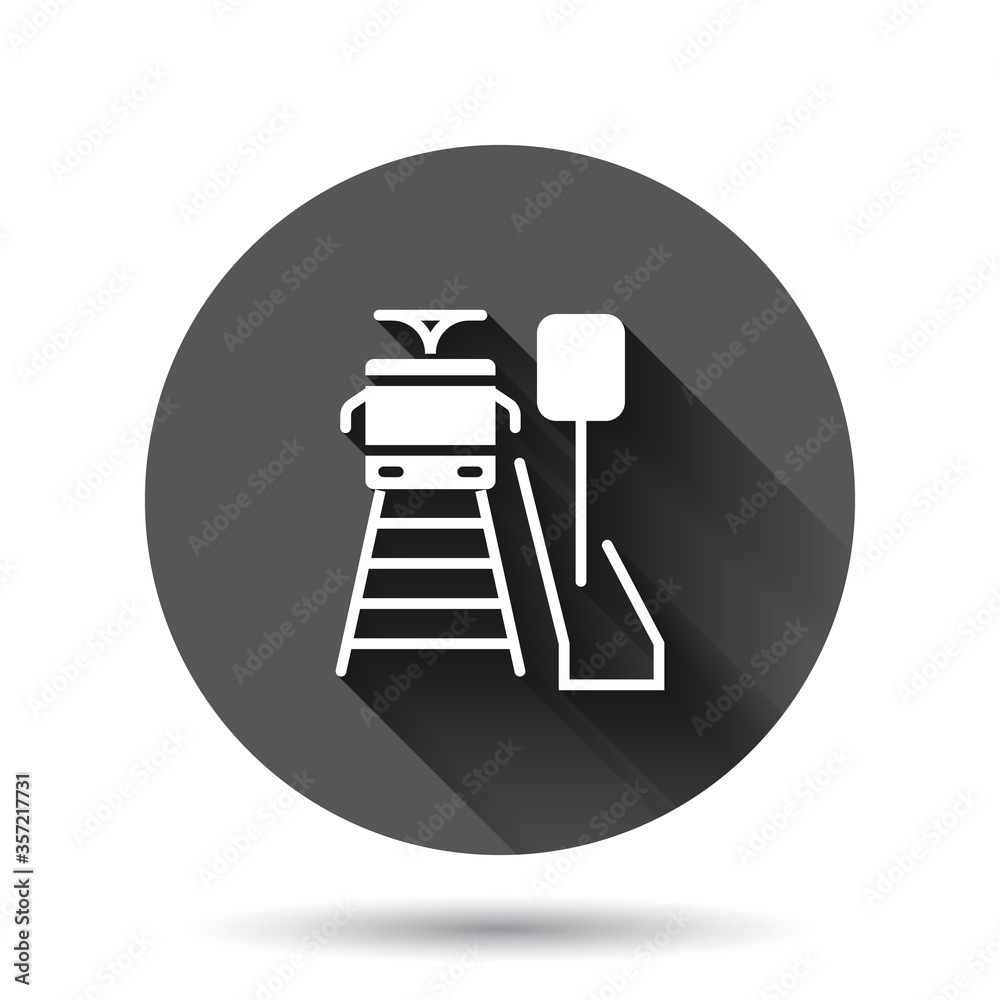 Metro station icon in flat style. Train subway vector illustration on black round background with long shadow effect. Railroad cargo circle button business concept.