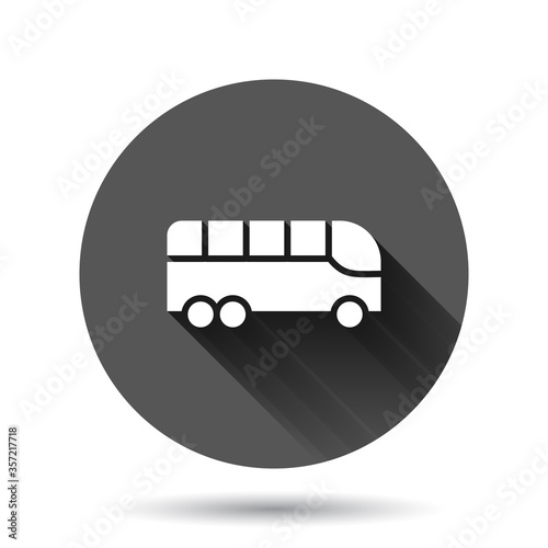 Bus icon in flat style. Coach vector illustration on black round background with long shadow effect. Autobus vehicle circle button business concept.