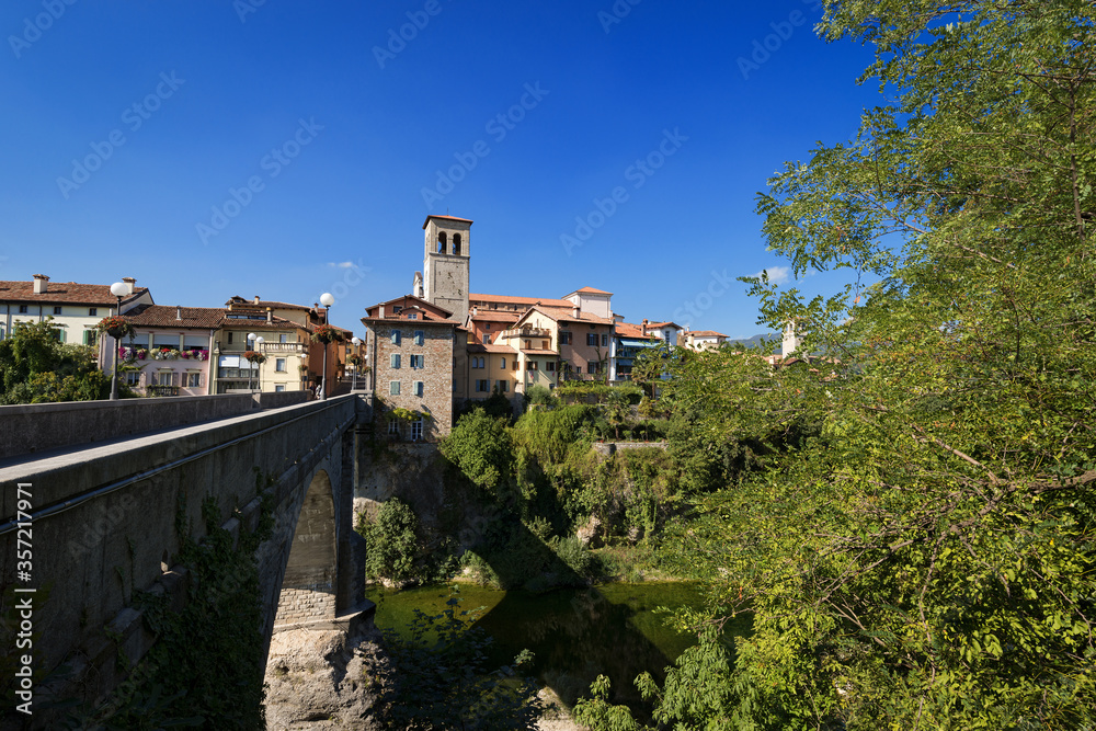 Ancient small town of Cividale del Friuli and River Natisone with the bridge of the devil (Ponte del Diavolo, Italian). Friuli-Venezia Giulia, Udine province, Italy, Europe
