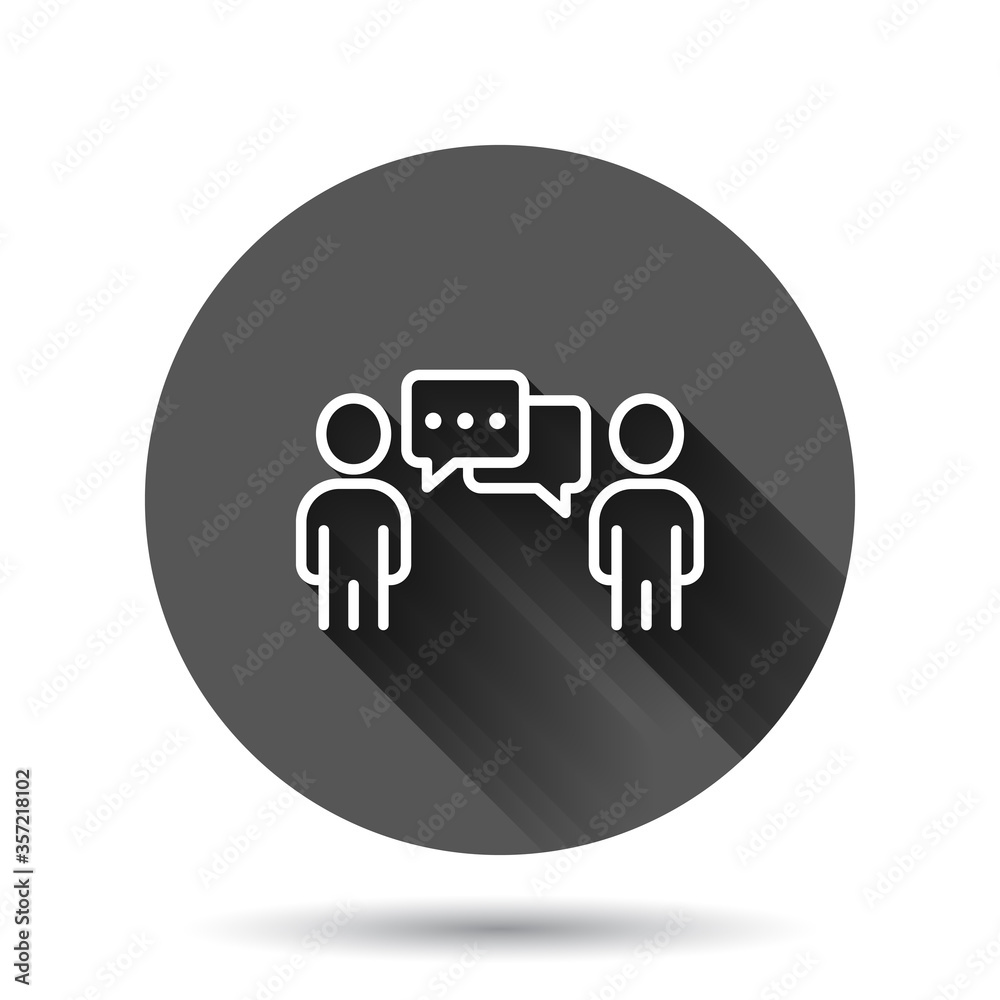 People with speech bubble icon in flat style. Chat vector illustration on black round background with long shadow effect. Speaker dialog circle button business concept. People with speech bubble icon in flat style. Chat vector illustration on black round background with long shadow effect. Speaker dialog circle button business concept.