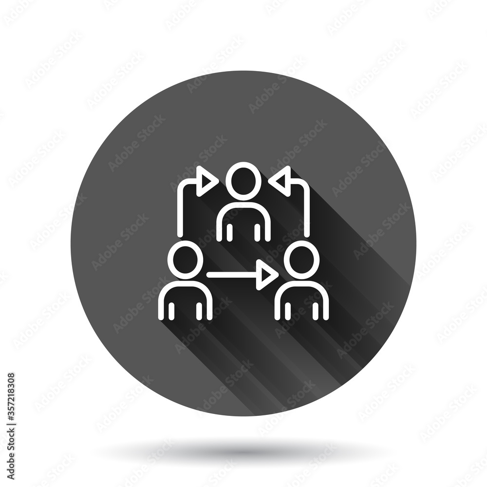 People referral icon in flat style. Business communication vector illustration on black round background with long shadow effect. Reference teamwork circle button business concept. People referral icon in flat style. Business communication vector illustration on black round background with long shadow effect. Reference teamwork circle button business concept.