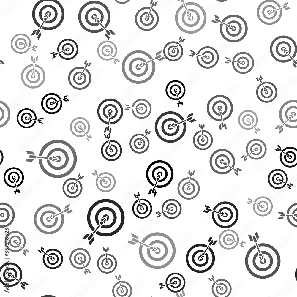 Black Target with arrow icon isolated seamless pattern on white background. Dart board sign. Archery board icon. Dartboard sign. Business goal concept. Vector Illustration.